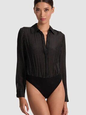 Alice + Olivia  Willa Black and White Pinstripe Pattern Silk Bodysuit SZ Medium